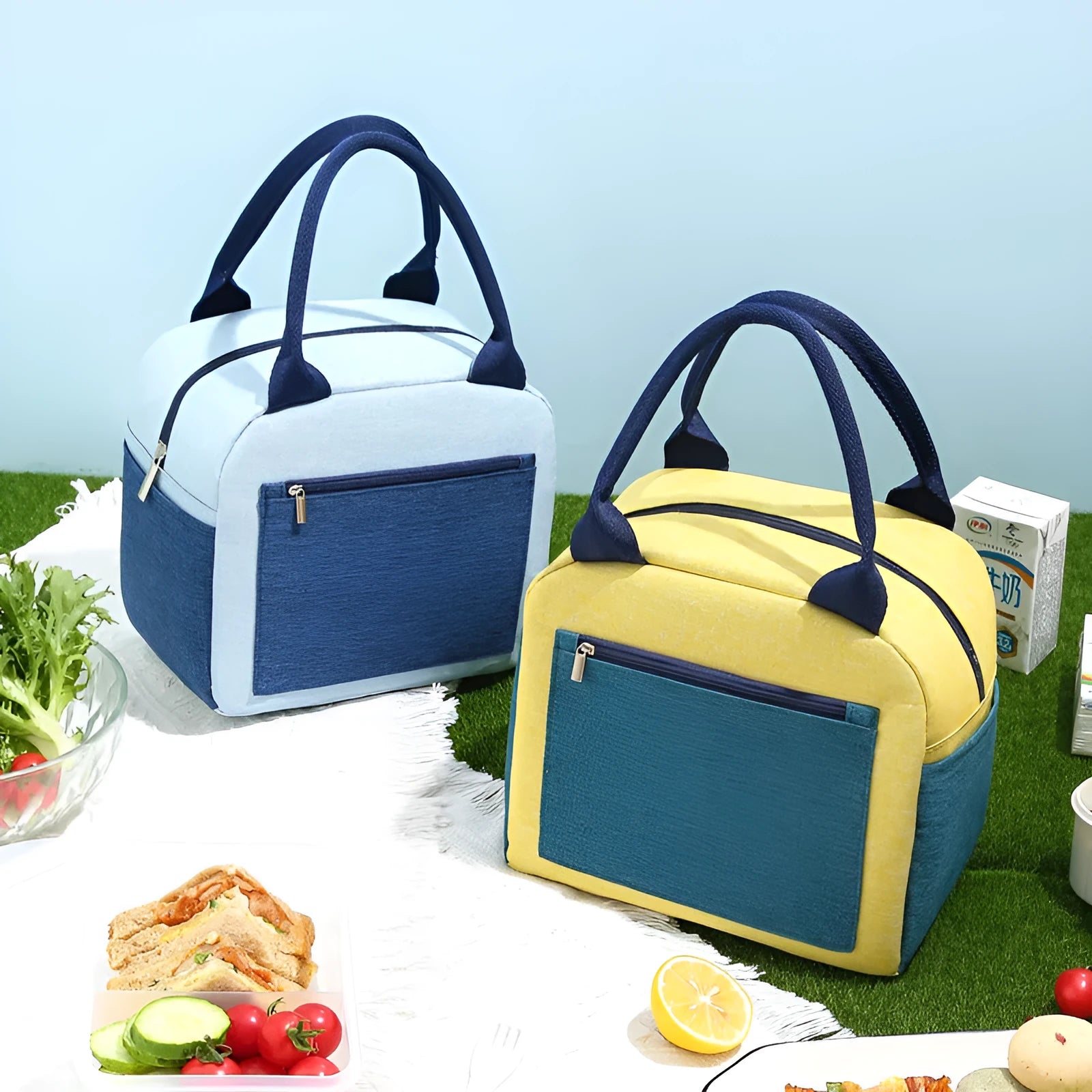 Blue waterproof Oxford cloth lunch bag with aluminium foil insulation.