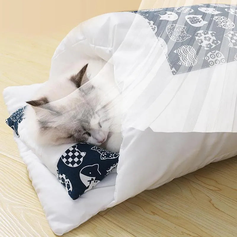 Grey enclosed cat bed house with a removable red inner sleeping bag and pillow, shown in a large size.