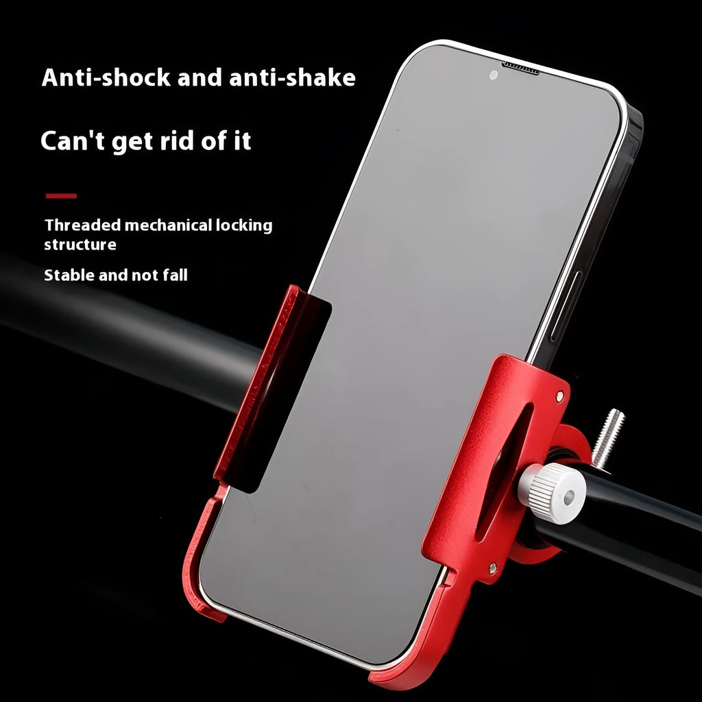 Aluminium alloy mobile phone holder mounted on a bicycle handlebar in black colour.