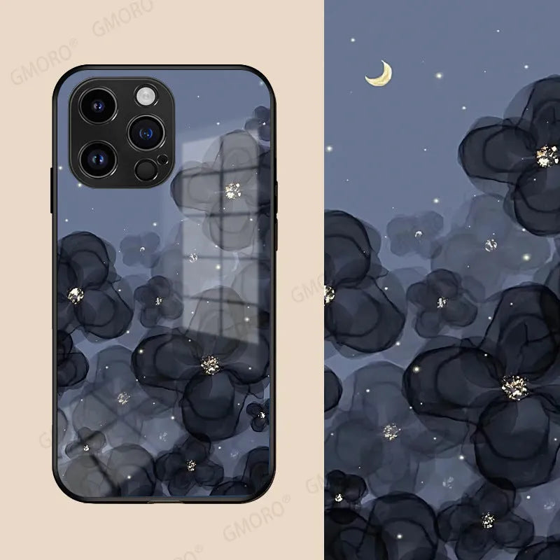Flower glass phone case with UV coating, tulip and smiley face design, for iPhone
