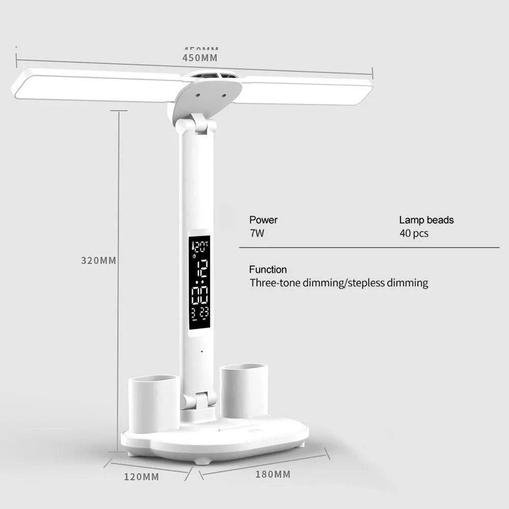 White LED desk lamp with calendar display and pen holder, touch control, USB powered