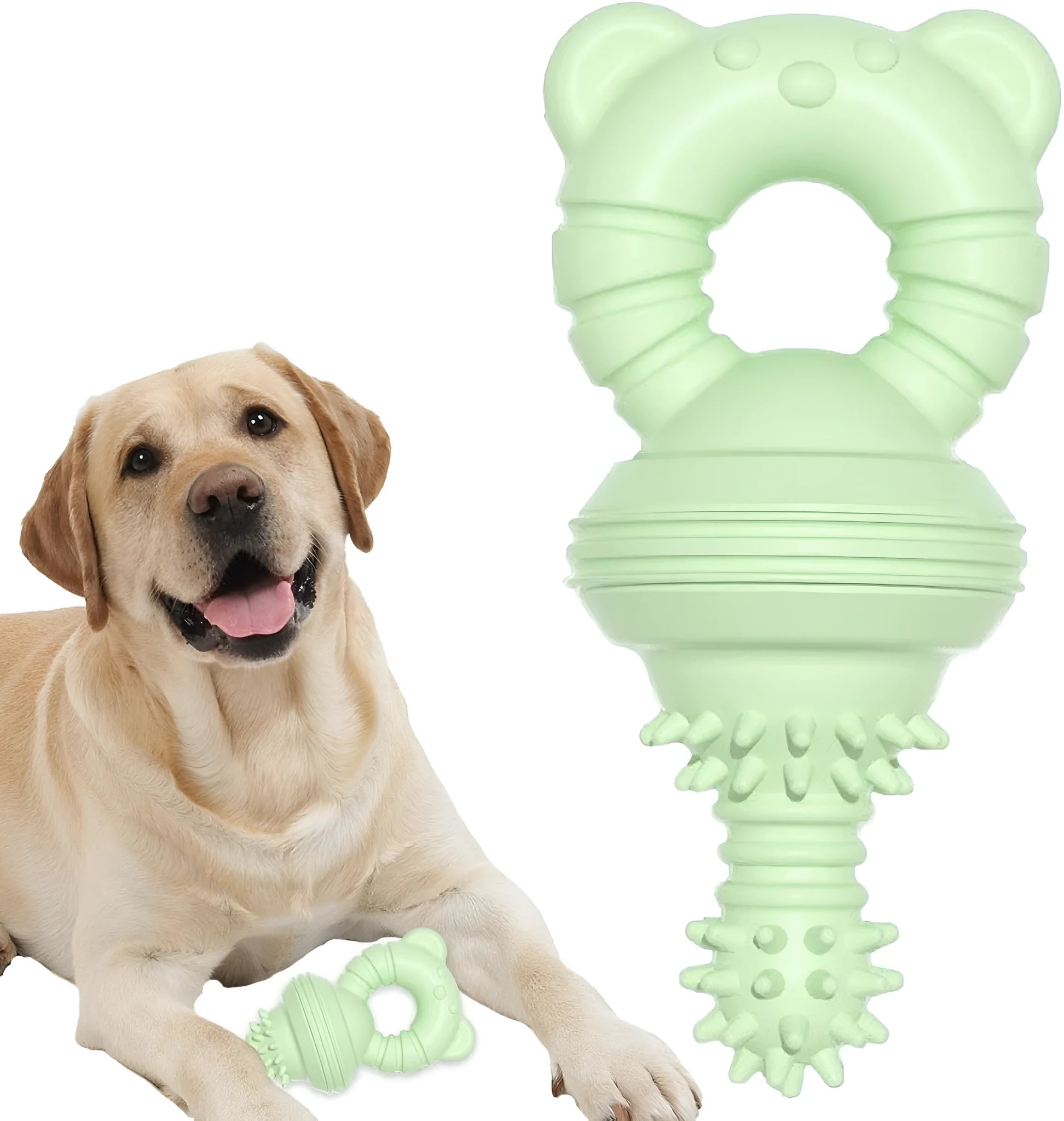 Blue rubber molar clean dog chew toy with bell shape and textured concave-convex surface.