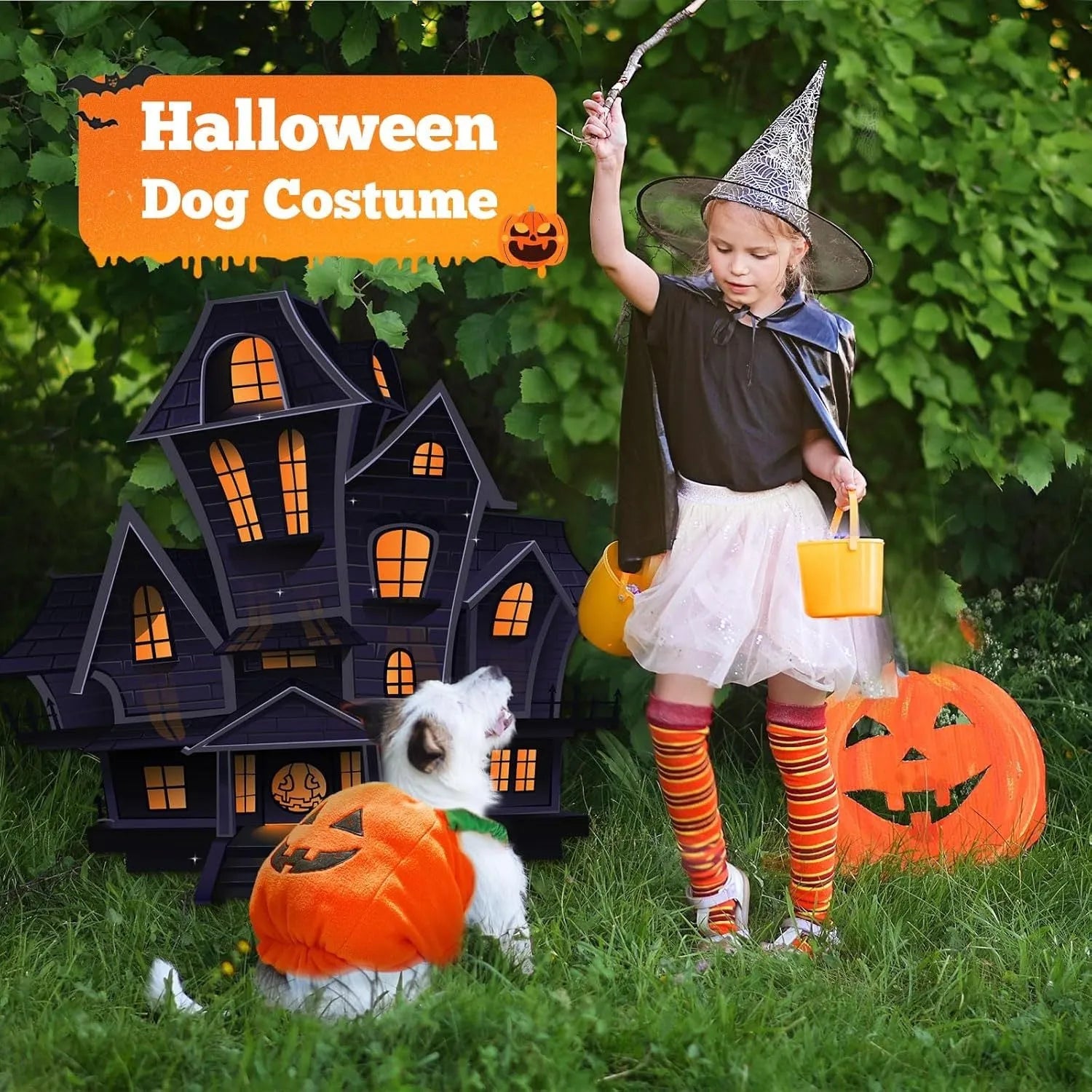 Orange pumpkin plush Halloween costume on a small dog, showing pullover design and soft texture.