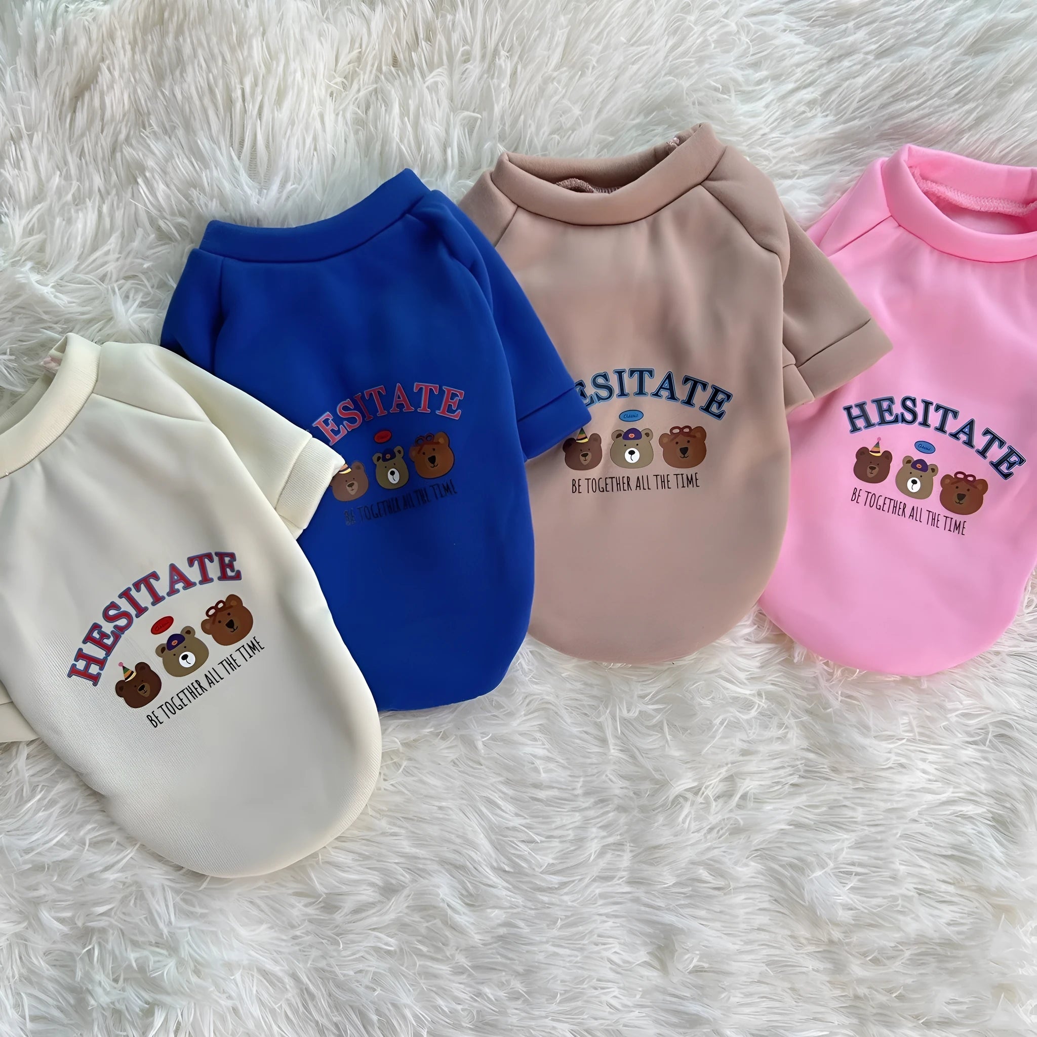 Korean cartoon fleece dog coat in beige with hood, shown on a small dog, size options XS to XXL