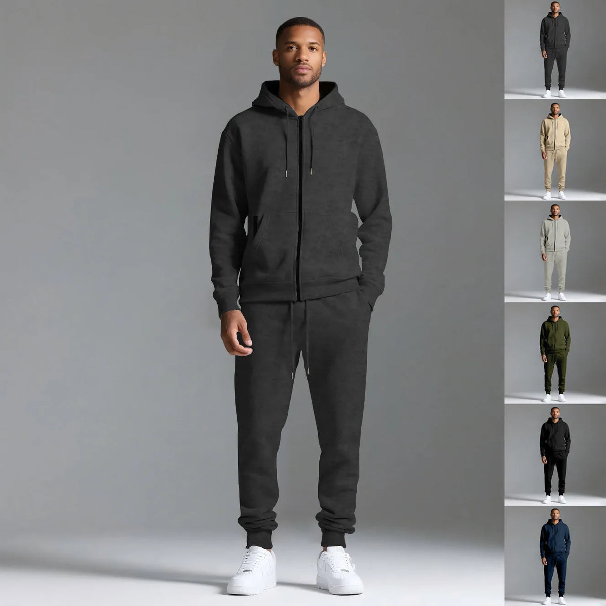 Men's hooded sportswear set in black with long sleeve jacket and long pants, cotton-polyester blend.