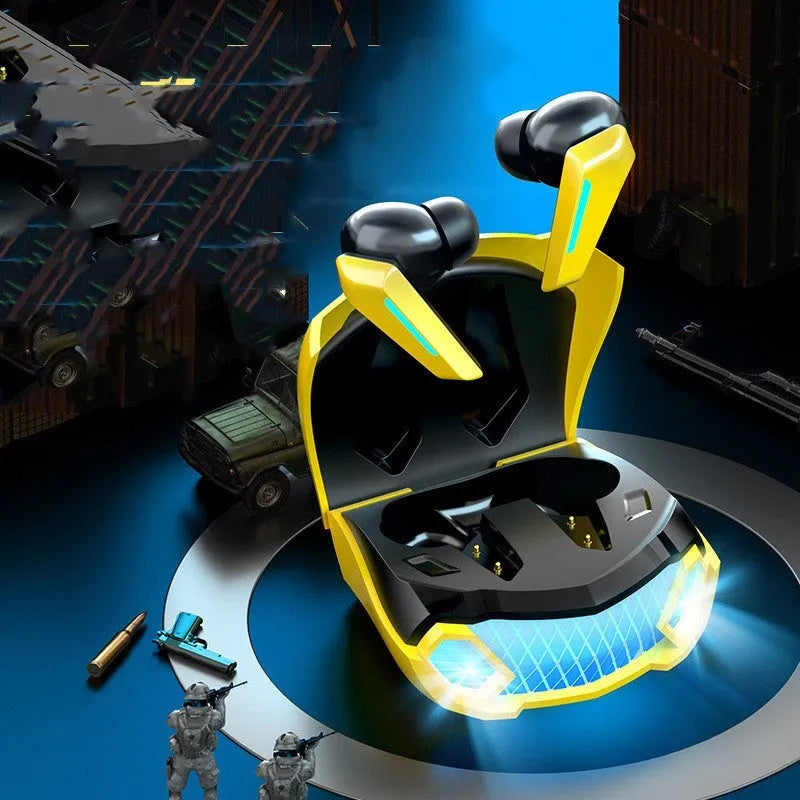 Wireless binaural touch TWS earbuds with digital display, Bluetooth 5.2, 10m range, in black, white, or yellow.