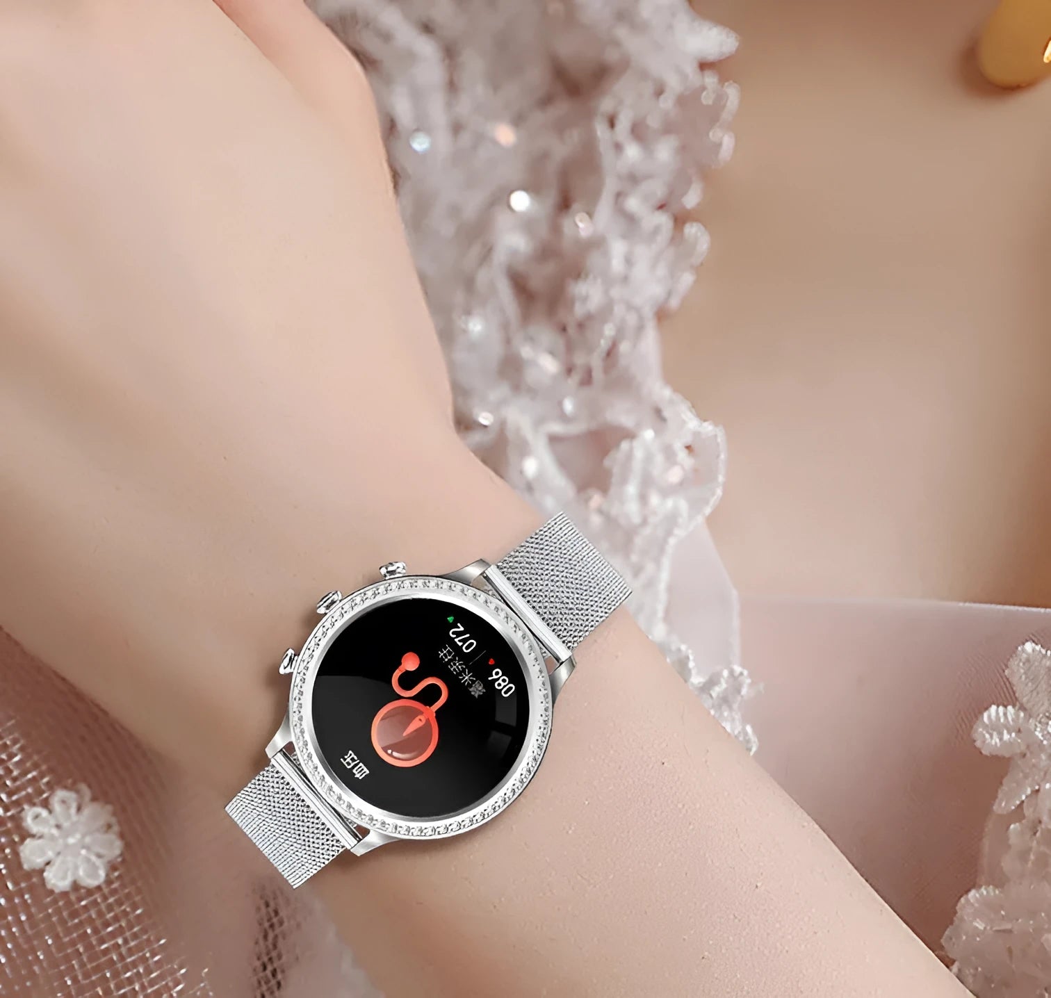 Women's Bluetooth smart silicone watch with aluminium case in gold, silver, pink, purple, or green colours.