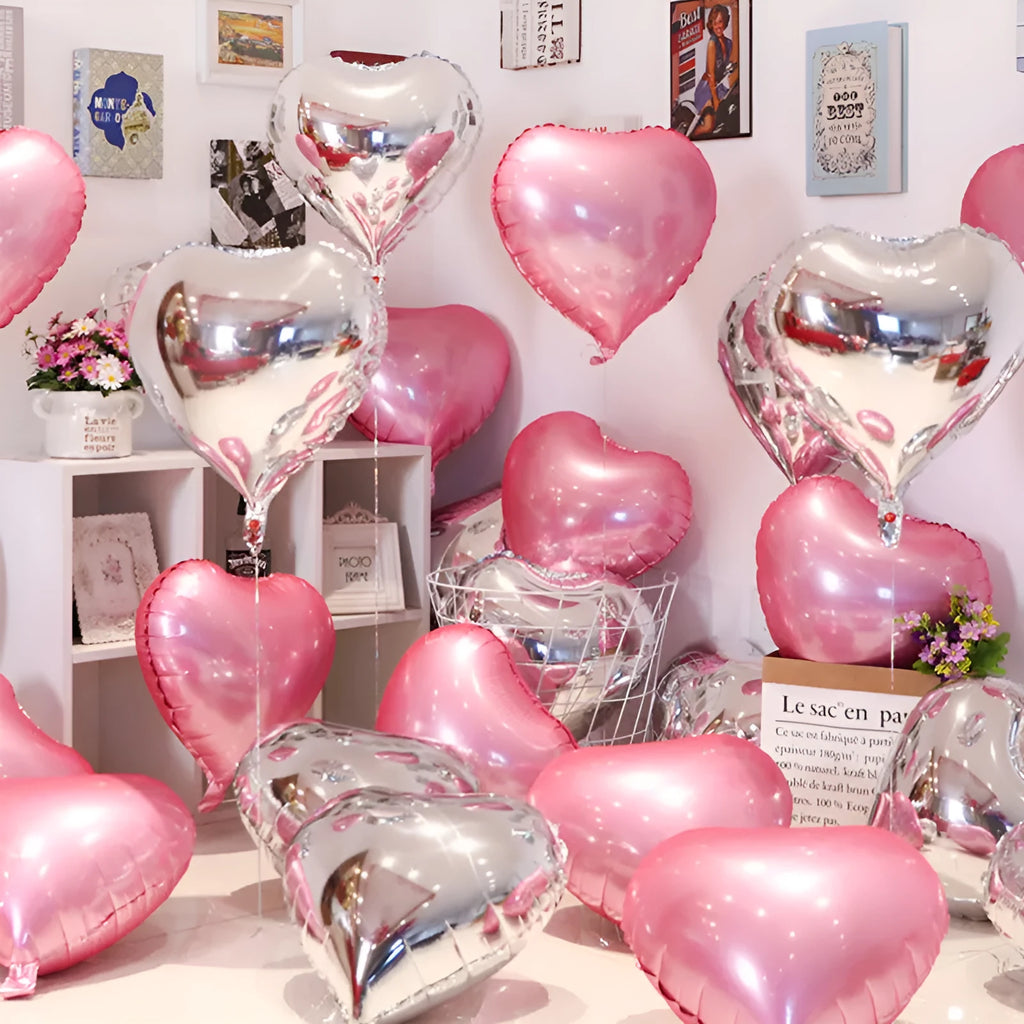 Set of five shiny metallic peach heart-shaped aluminium foil balloons in assorted colours, each measuring 5 inches.