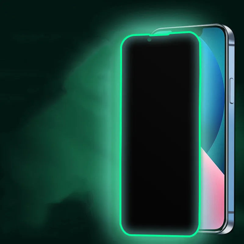 Tempered glass iPhone screen protector with luminous silicone soft edge, HD or privacy film, and locator