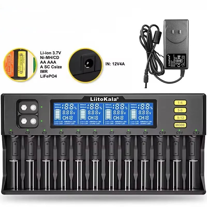 LiitoKala Lii-S12 12-slot LCD battery charger with black housing, size 28.7x14.3x3.5cm, for 18650 26650 AA AAA 9V batteries