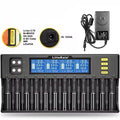 LiitoKala Lii-S12 12-slot LCD battery charger with black housing, size 28.7x14.3x3.5cm, for 18650 26650 AA AAA 9V batteries