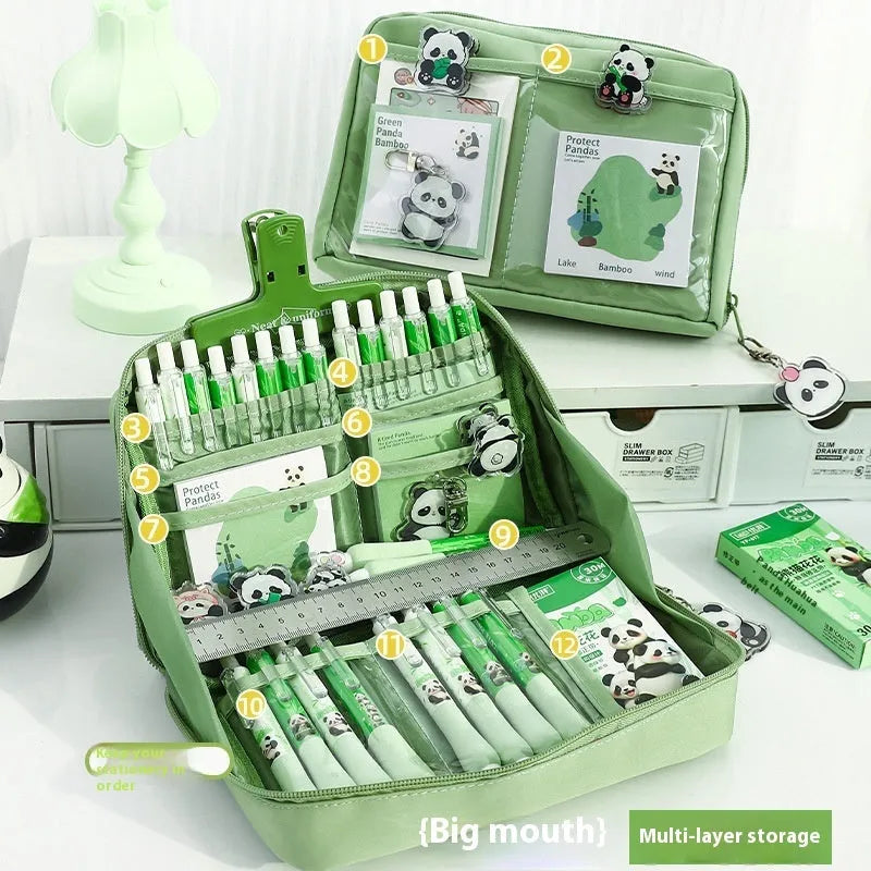 Green canvas pencil case with panda design featuring 12 internal layers for organising pens and stationery.