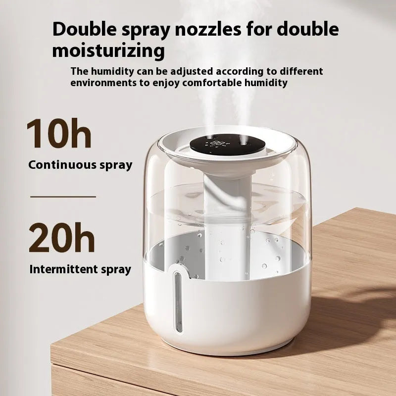 Round beige USB humidifier with dual spray nozzles, humidity display, and gear controls