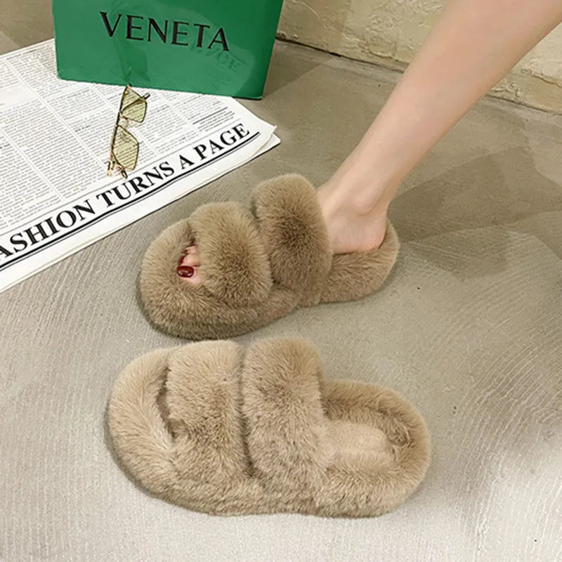 Fuzzy women's house slippers with faux fur upper and rubber sole, 3.5cm thick, in black beige khaki light blue or orange.