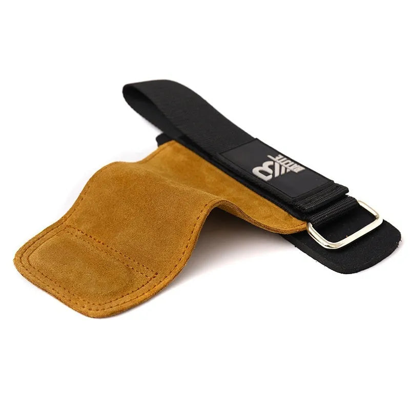 A pair of brown leather wrist protectors for fitness, shown as grip strength bands.