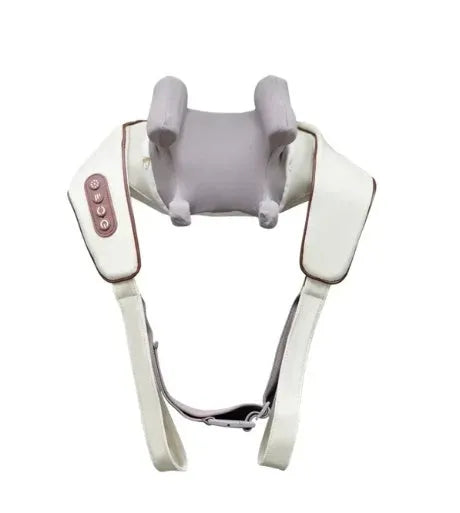 Milky white rechargeable shoulder and neck massager with kneading function and infrared physiotherapy