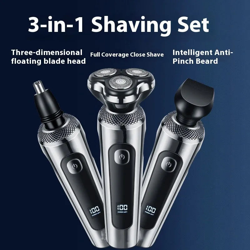 Black USB rechargeable beard trimmer with LED display on a digital display base.