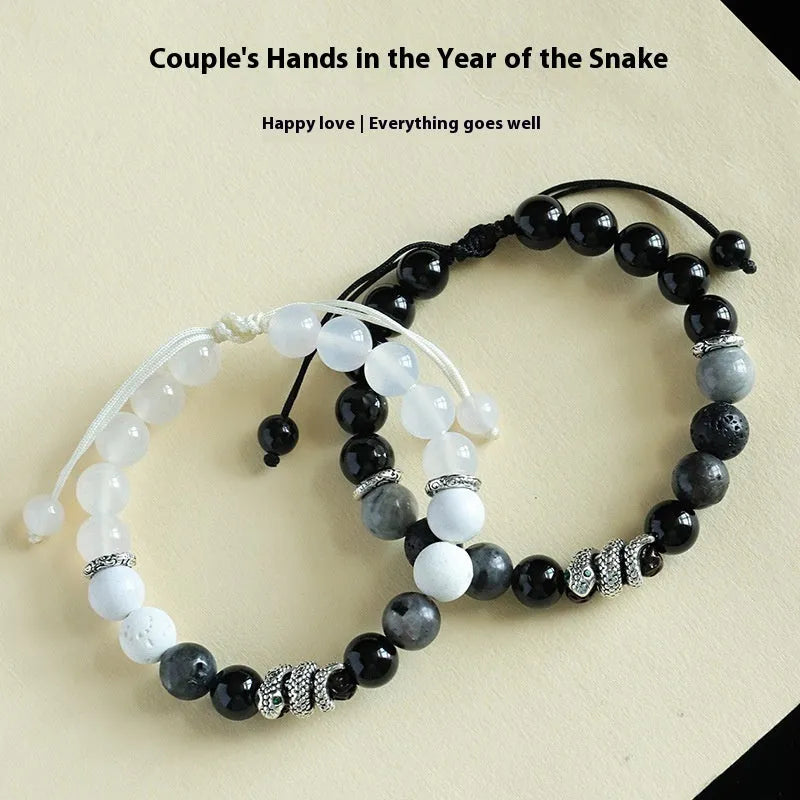 Black and white agate couple bracelets with blessing snake design and handcrafted manual processing