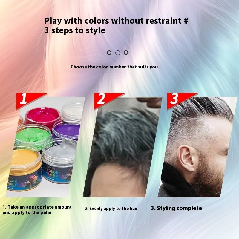 120g pot of strong hold hair styling clay in one of nine colours: white, orange, red, yellow, blue, green, purple, rose, or granny grey.