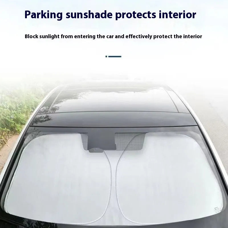 Titanium silver aluminium foil car sunshade folded, showing reflective surface and size options for windscreen protection.