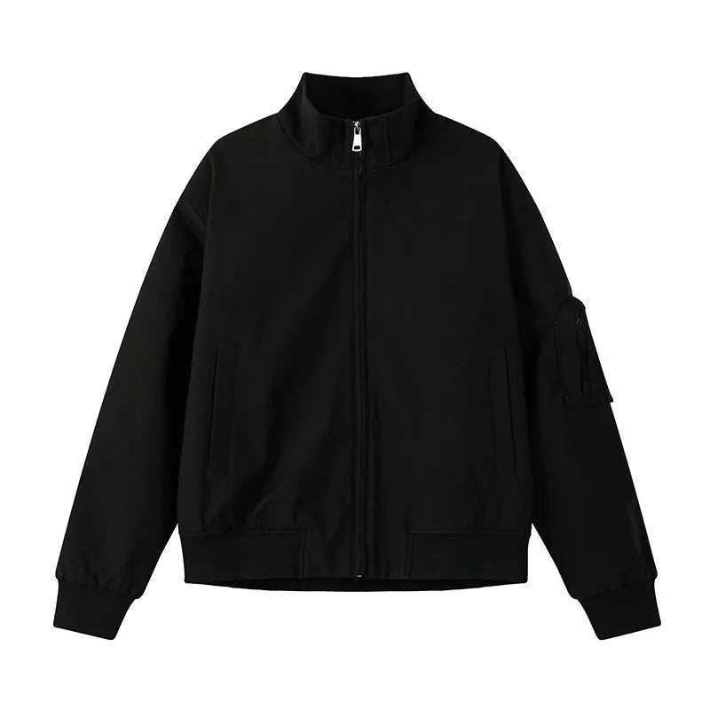 Men's large size multi-pocket short flight jacket in black, loose fit, polyester fiber fabric with visible pockets.