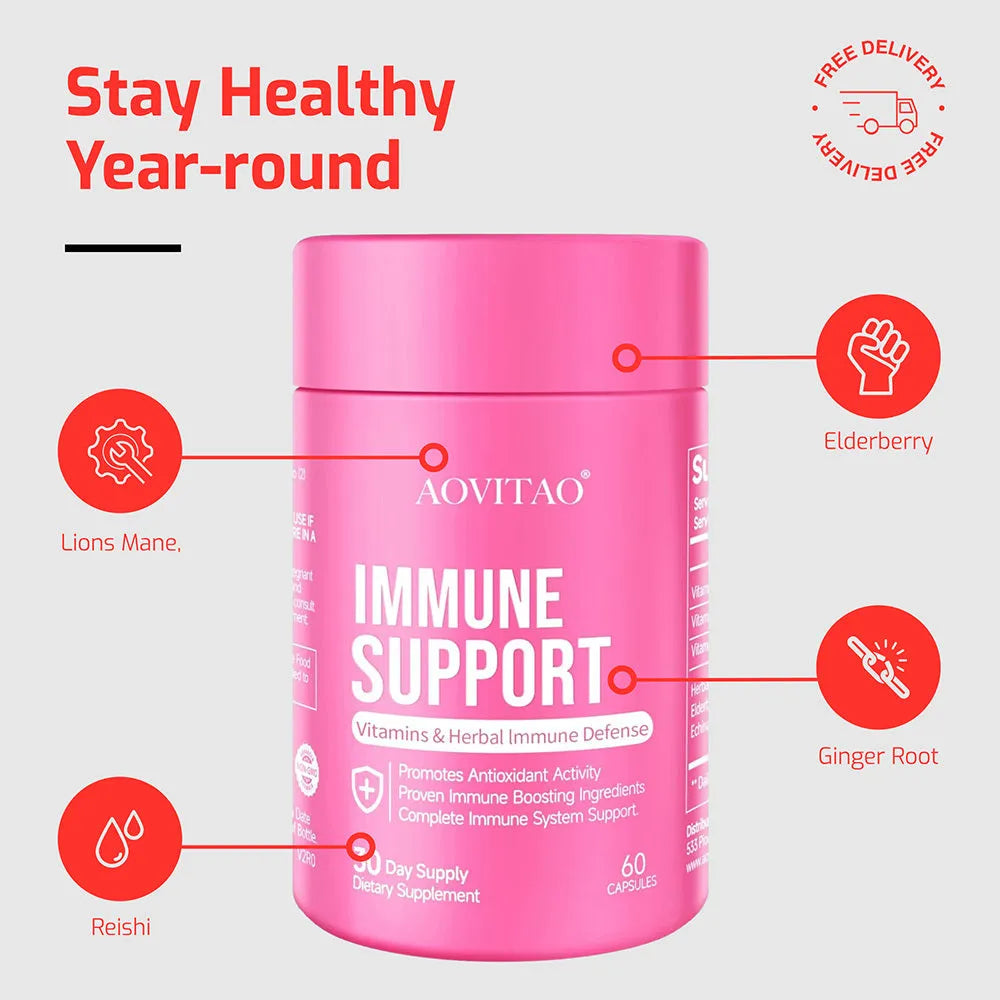 AOVITAO Natural Herbal Immune Defence Supplement bottle with mushrooms and herbs, 60 capsules