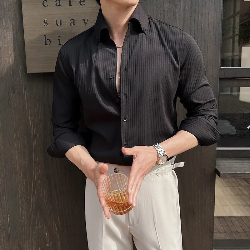 Men's striped V-neck long sleeve casual shirt in polyester blend fabric available in multiple colours