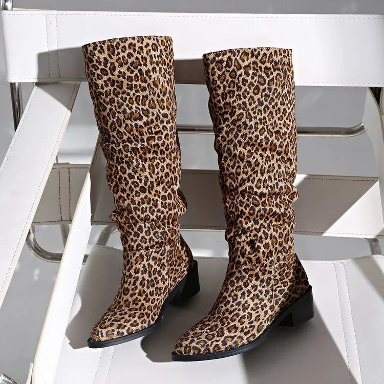 Brown leopard print women's ankle boots with square toe and chunky heel