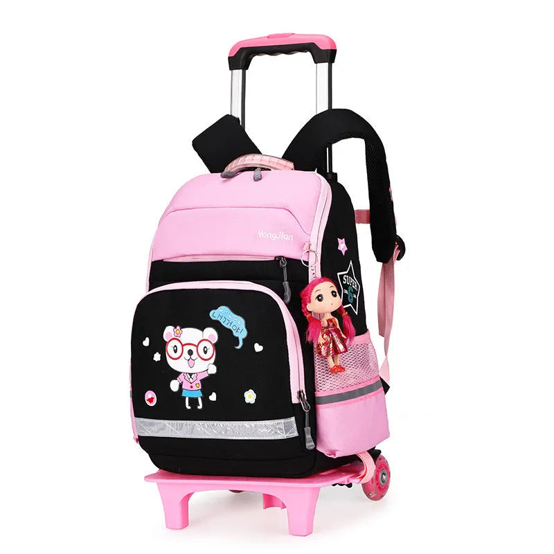 Red and black Korean detachable trolley bag for elementary school students with wheels.
