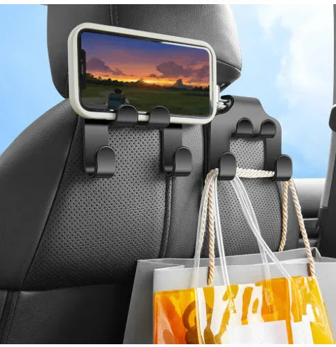 Car phone holder with multifunctional hooks made from black ABS plastic with suction cup mount