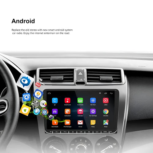 7 inch touchscreen car radio with Android 12, Apple CarPlay, and DVR function in a double DIN chassis