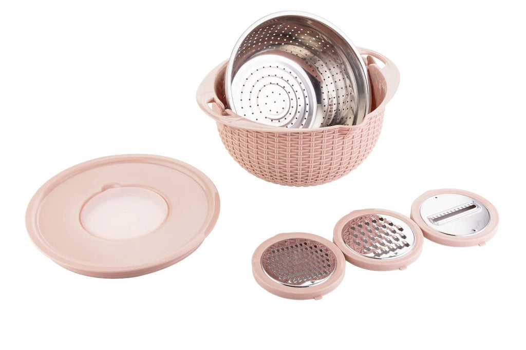 4-in-1 rotating colander set with removable double-layer basket and three stainless steel blades in Nordic beige