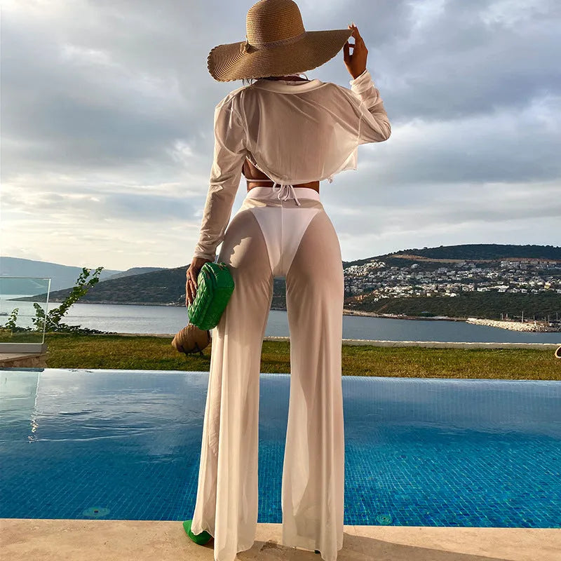White women's swimsuit four-piece set with backless top and high-waist trousers