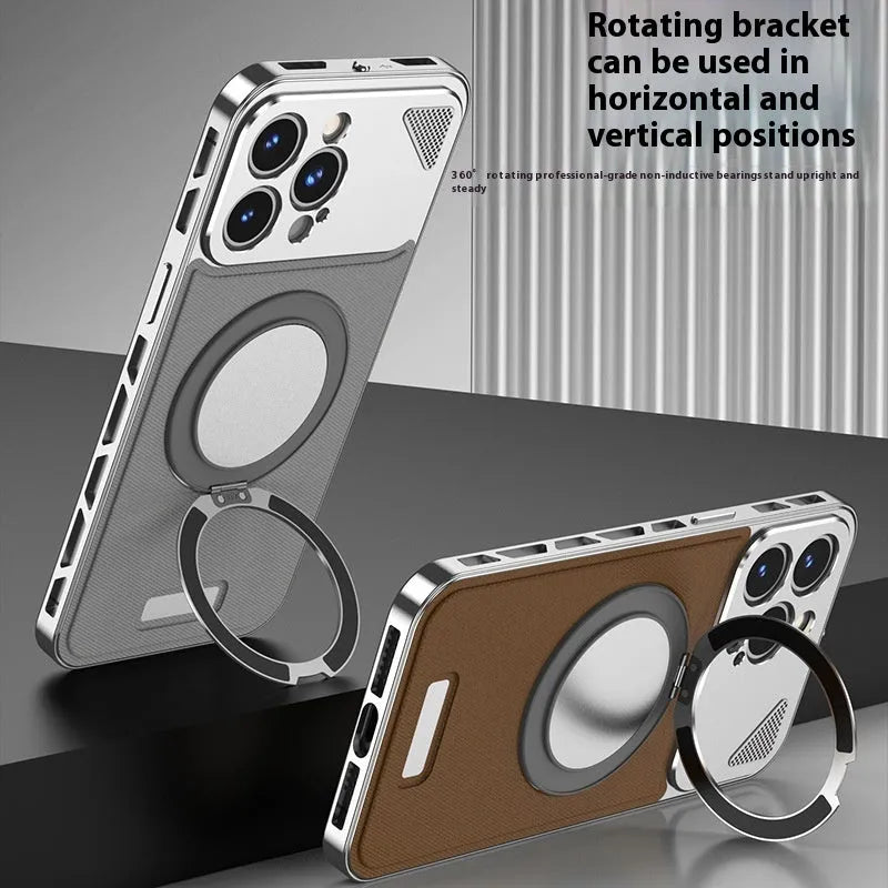 Two-in-one aluminium alloy phone case with leather spring fastener and rotating bracket in black and blue colour