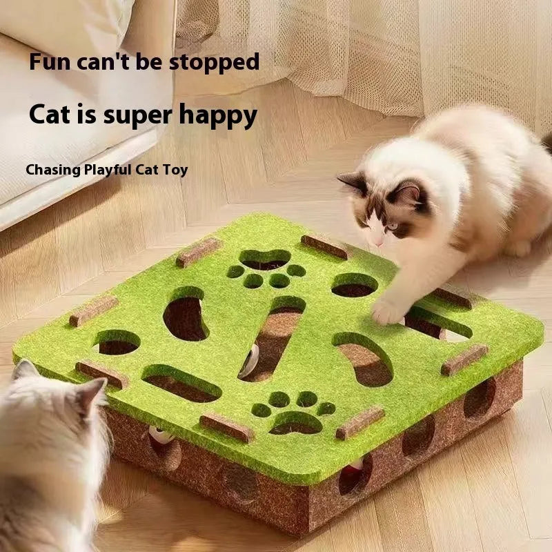 Cat self-hi toy felt box measuring 30cm wide with central relieving hole in camel white colour