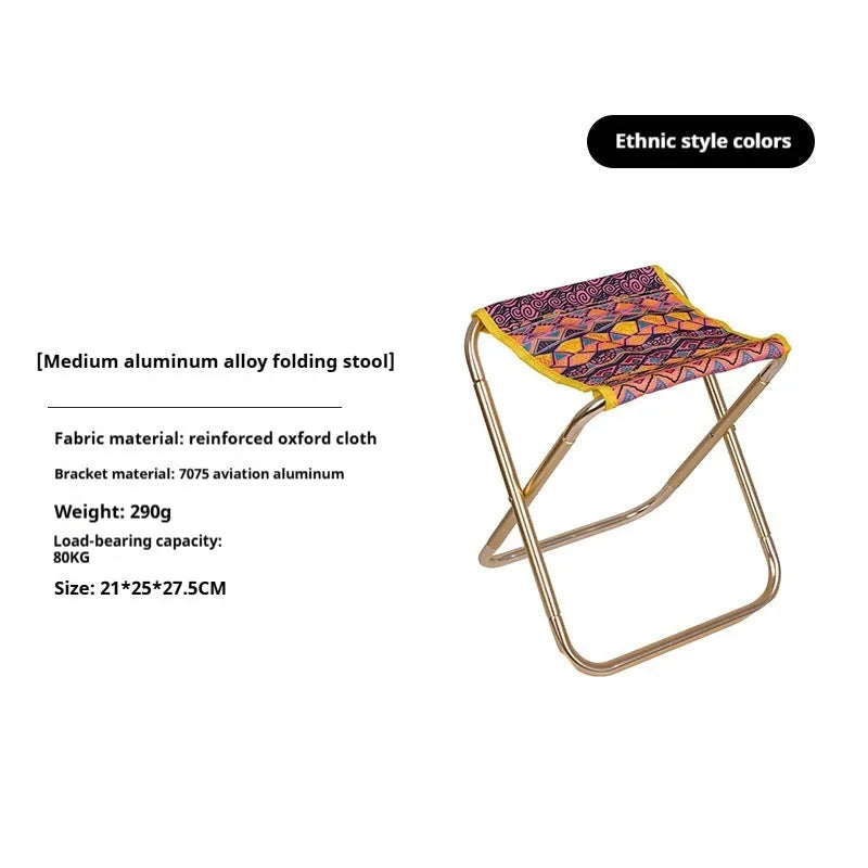 Black aluminium alloy folding stool in a portable design for outdoor camping and fishing.