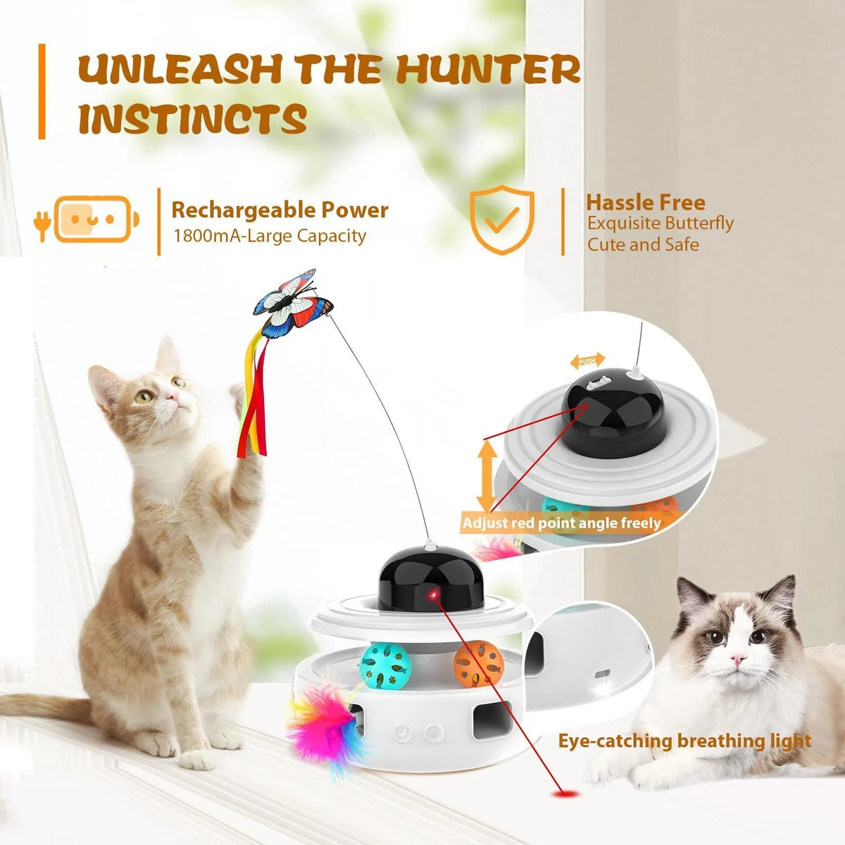 White electric mute cat toy with feather attachment, made of ABS and TPR, for indoor cats.