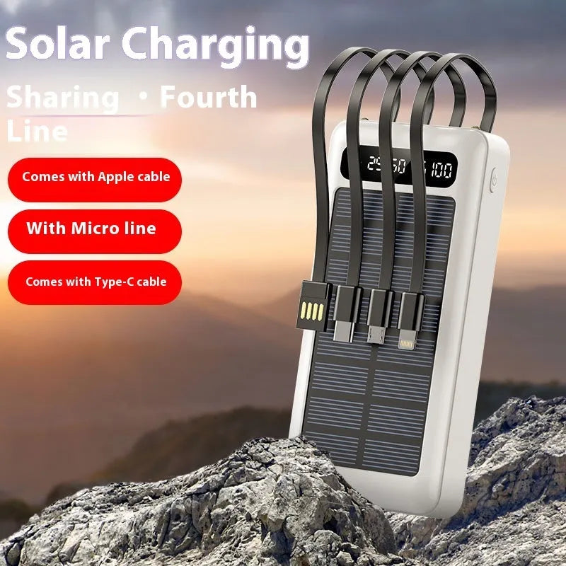 30000 mAh solar power bank with cable in black, white, or green plastic casing