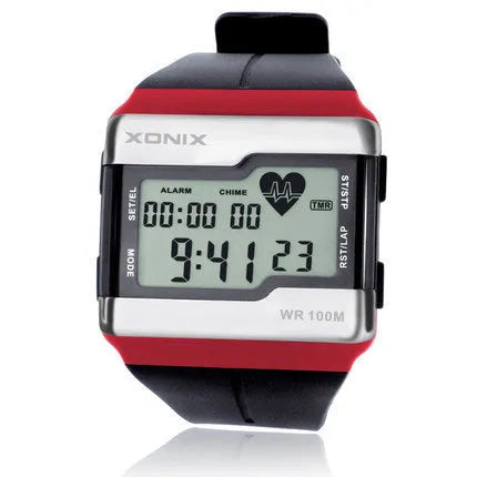 Men's waterproof electronic watch with luminous heart rate display, square digital face, resin strap, in Black