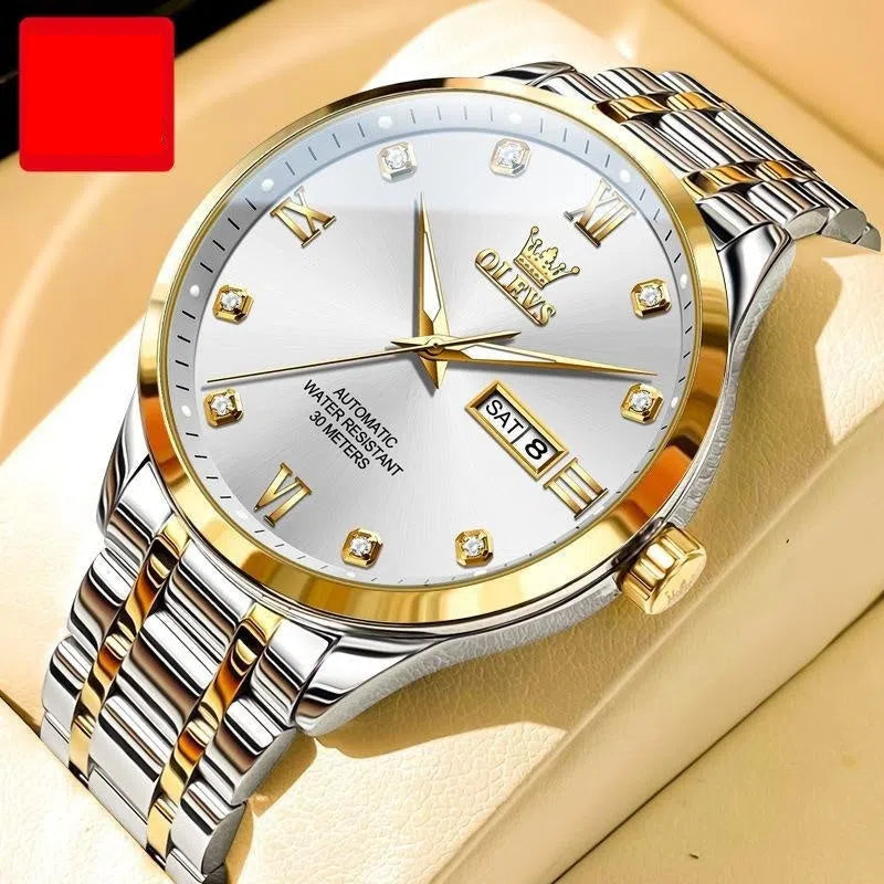 Men's waterproof automatic mechanical watch with 13mm stainless steel case and bracelet on white background