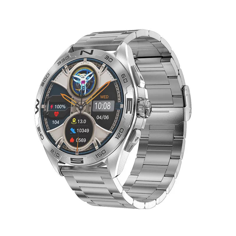 Black steel smartwatch on wrist showing heart rate and blood oxygen data on its IPS screen.