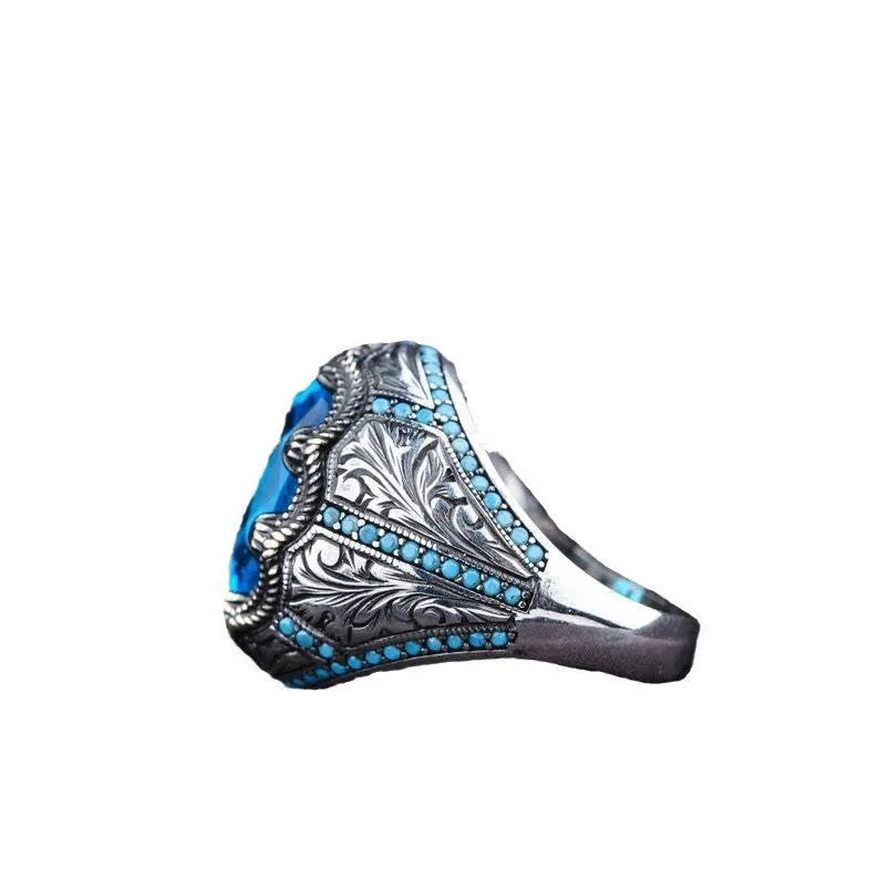 Grandmother geometric blue zircon alloy ring in antique silver finish showing detailed design