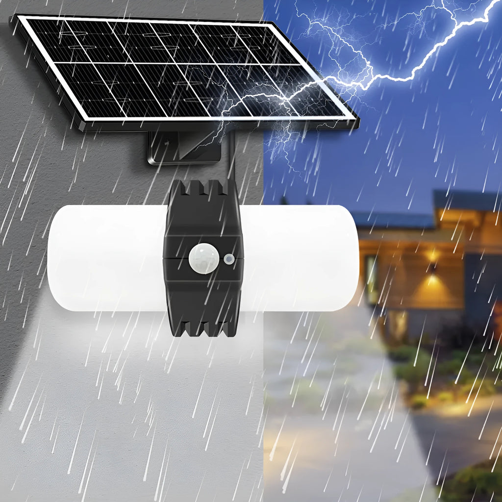Black outdoor solar floodlight with motion sensor and abstract design mounted on wall bracket