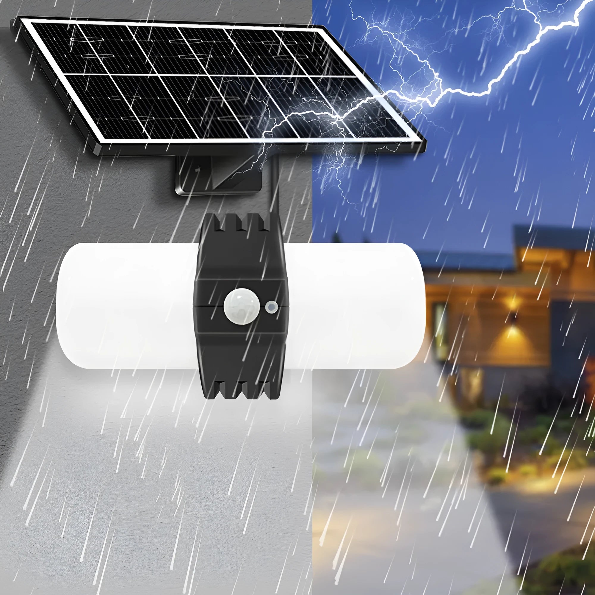 Black outdoor solar floodlight with motion sensor and abstract design mounted on wall bracket