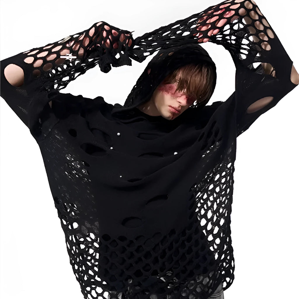 Black loose-fit men's pullover hoodie with a hood and pearl decorative detail on the front.