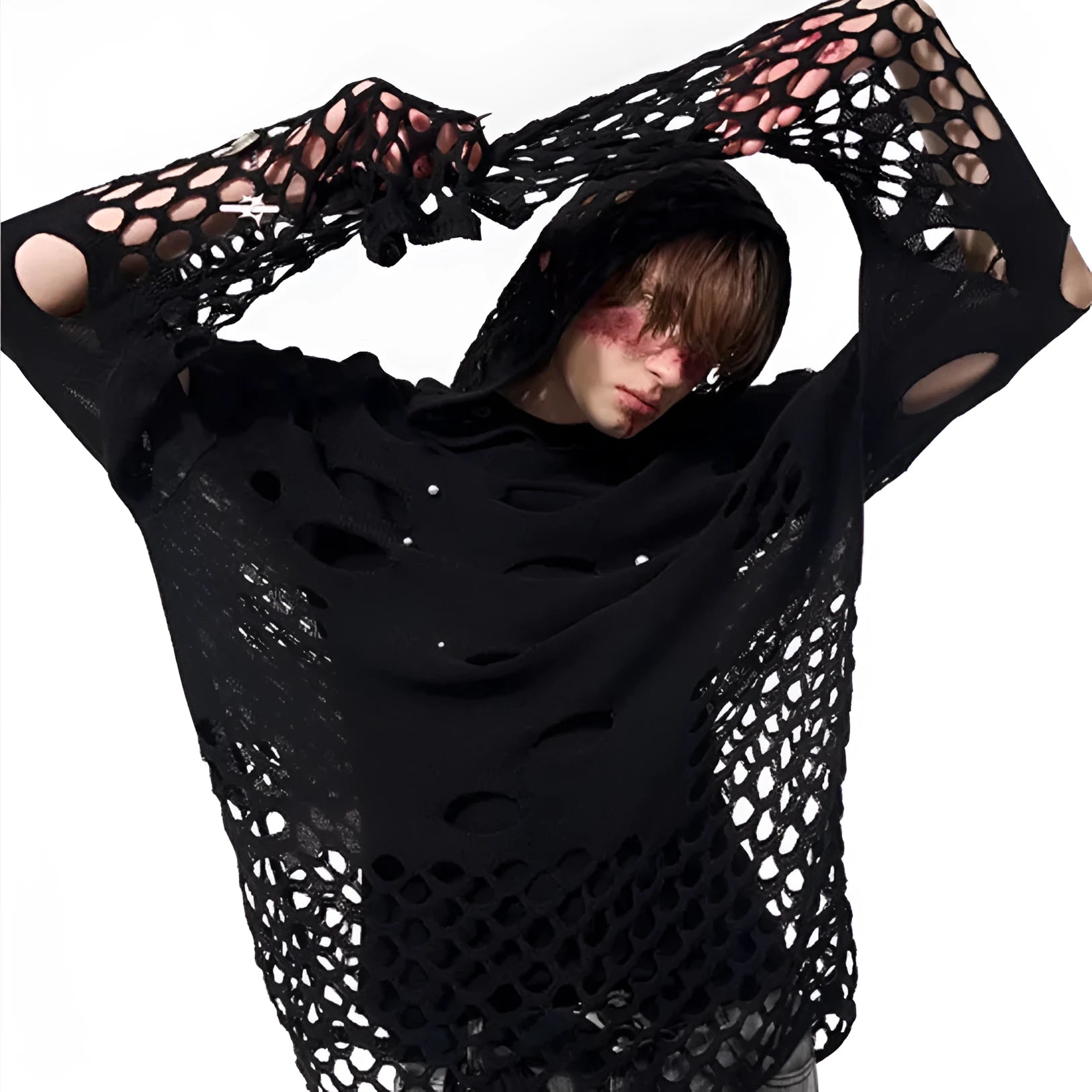 Black loose-fit men's pullover hoodie with a hood and pearl decorative detail on the front.