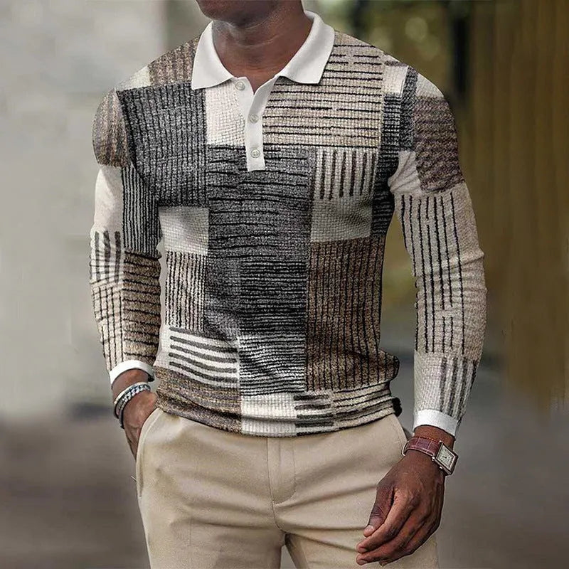 Men's grey long-sleeved top with raised 3D printed black stripes, showing textured casual design.
