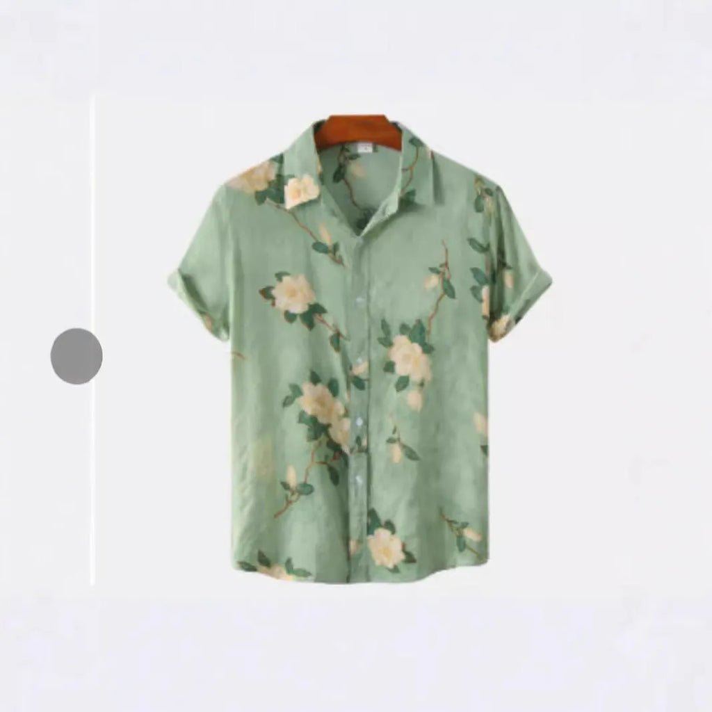Man's short-sleeve Hawaiian floral print cardigan shirt in elastic polyester fabric.