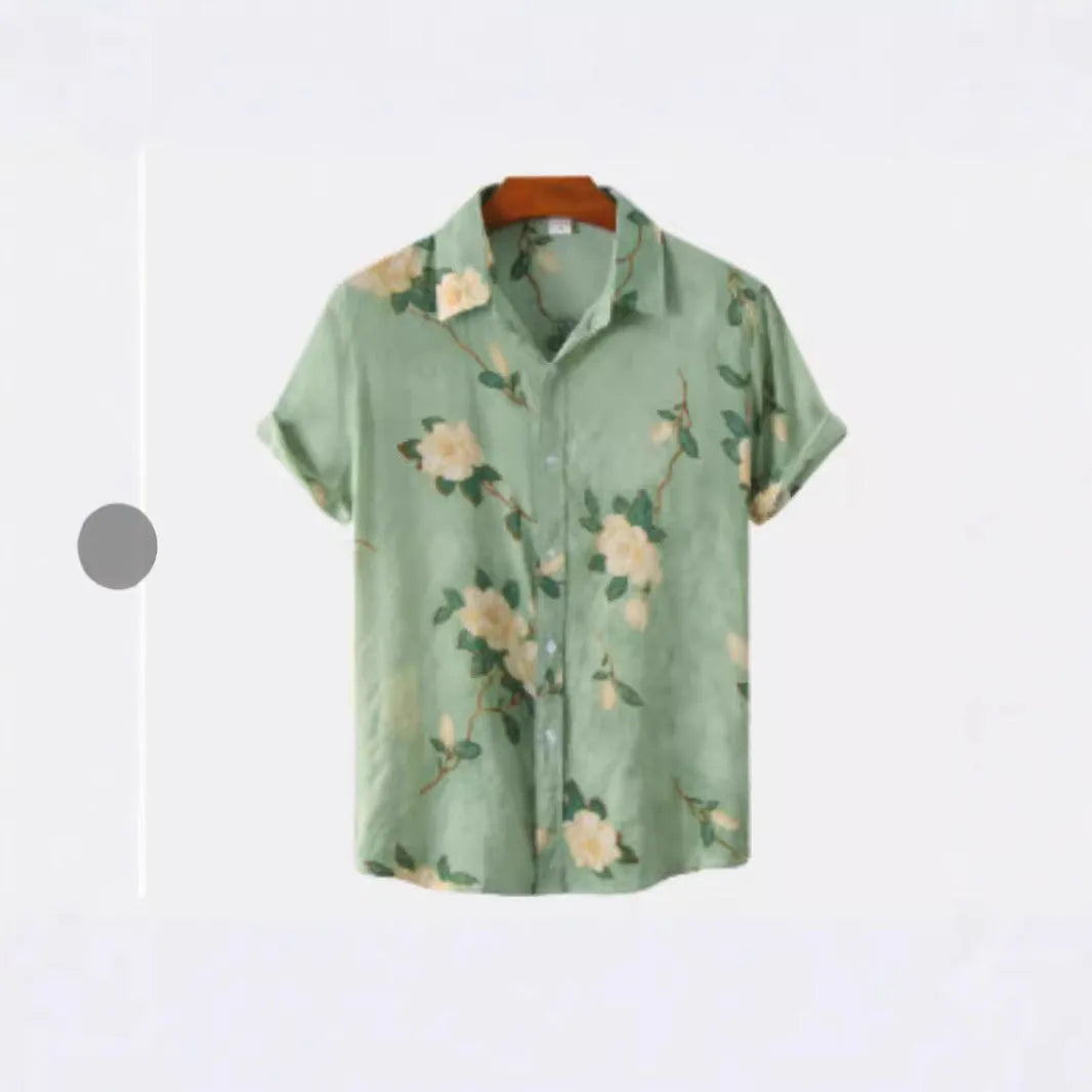 Man's short-sleeve Hawaiian floral print cardigan shirt in elastic polyester fabric.