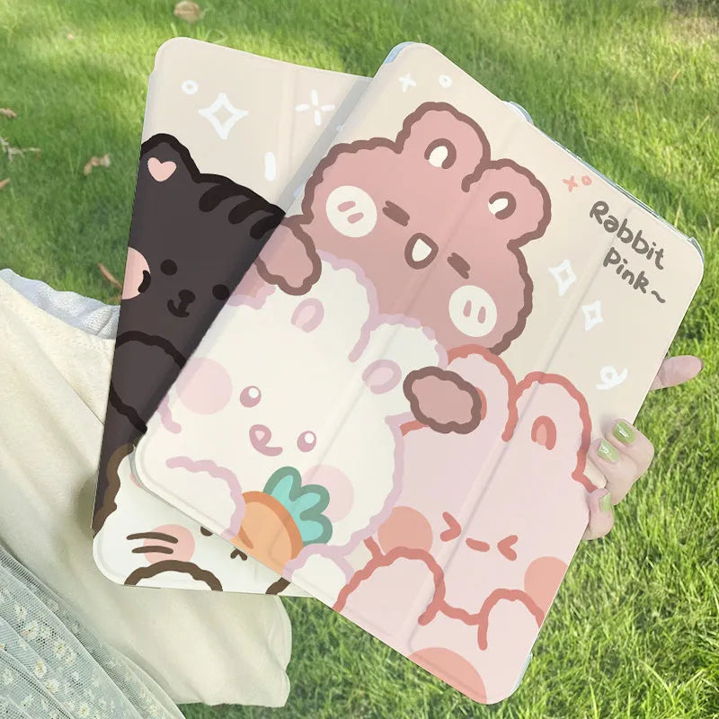 Silicone iPad case with a cartoon rabbit design lying flat, showing its tri-fold shape.